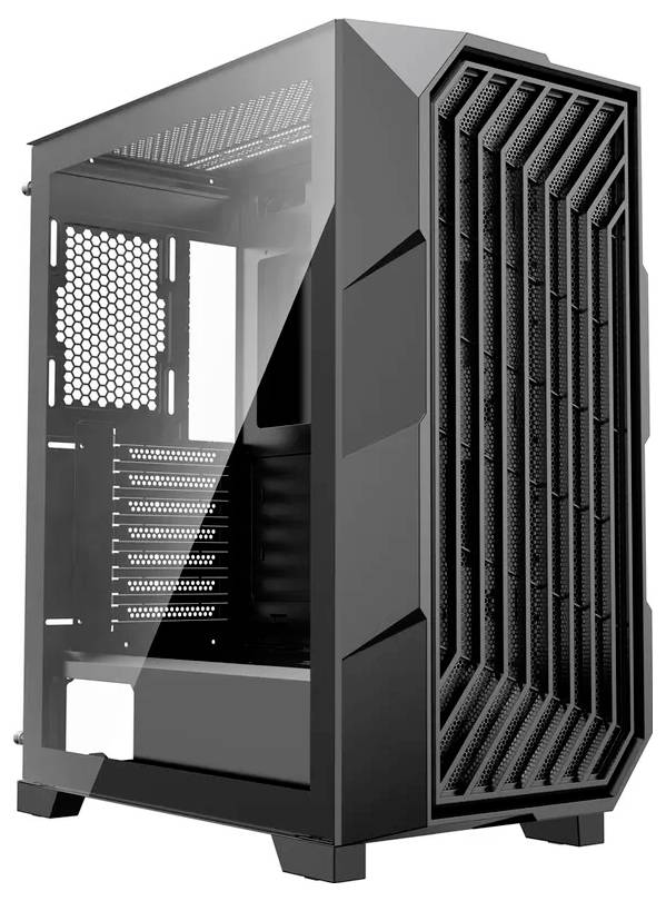 Ein schwarzes Computergehäuse mit einer eckigen, belüfteten Front und transparentem Seitenpanel, das Platz für die Montage von Komponenten im Inneren zeigt.