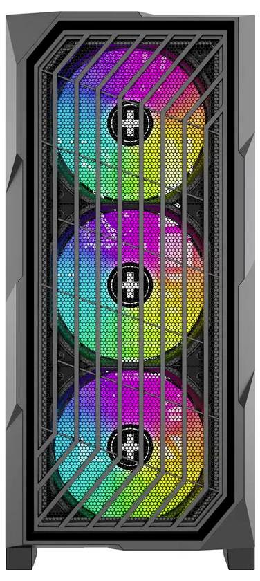 Ein schwarzes PC-Gehäuse mit drei frontal ausgerichteten Kühlventilatoren, die jeweils leuchtstarke RGB-Beleuchtung in den Farben Blau, Grün und Rosa zeigen.