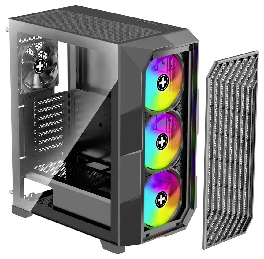 Computergehäuse mit transparentem Seitenfenster, drei vorderen RGB-Lüftern und abnehmbarer Mesh-Frontabdeckung; entwickelt für individuelle Builds.