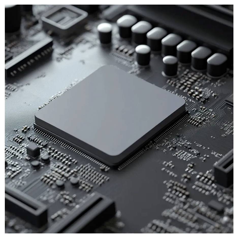 Eine Nahaufnahme eines Computermotherboards, die die zentrale Verarbeitungseinheit und verschiedene elektronische Komponenten um sie herum hervorhebt.