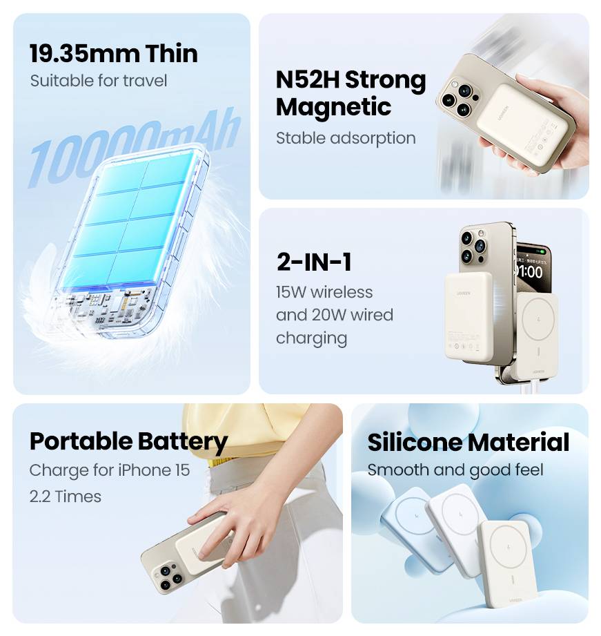 Kompakte magnetische tragbare Batterie für iPhone 15; 10000mAh Kapazität; 15W drahtloses, 20W kabelgebundenes Laden; Design aus glattem Silikon.