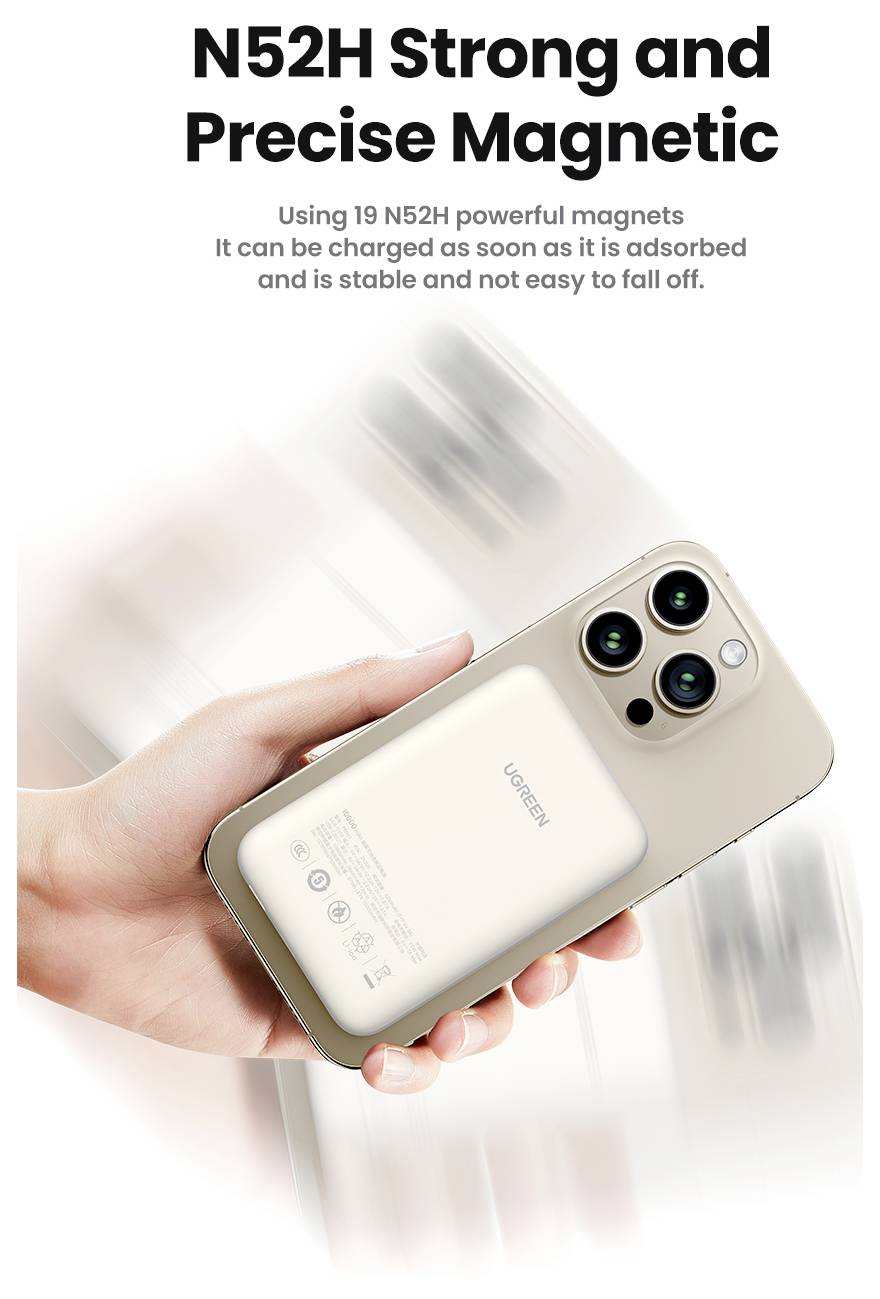 Telefon mit magnetischem Geldbörsen-Etui, das über 19 leistungsstarke N52H-Magnete befestigt ist, stabil und leicht abnehmbar. Text: N52H Stark und Präzise Magnetisch.