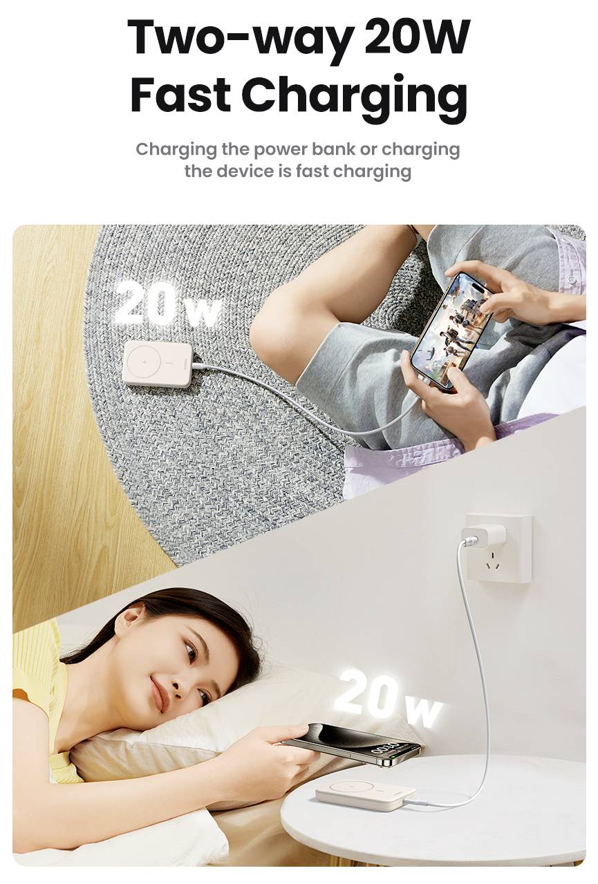 Zweiwege-20W-Schnellladung: Ein Bild, das eine Person zeigt, die eine Powerbank auf der Couch nutzt, und eine andere, die sie im Bett lädt, wobei die Vielseitigkeit hervorgehoben wird.