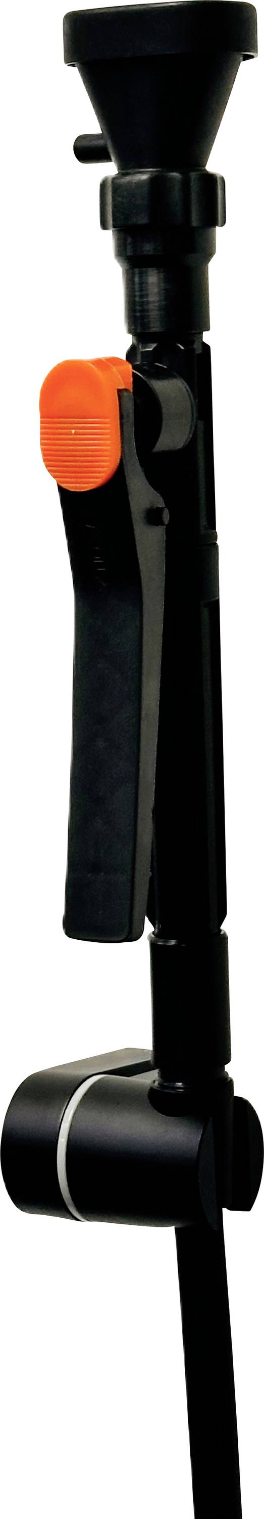 Ein schwarz-orangefarbenes verstellbares Stativ mit einem Hebel und einem Drehwerksmechanismus, das zur Stabilisierung von Kameras oder anderen Geräten verwendet wird.