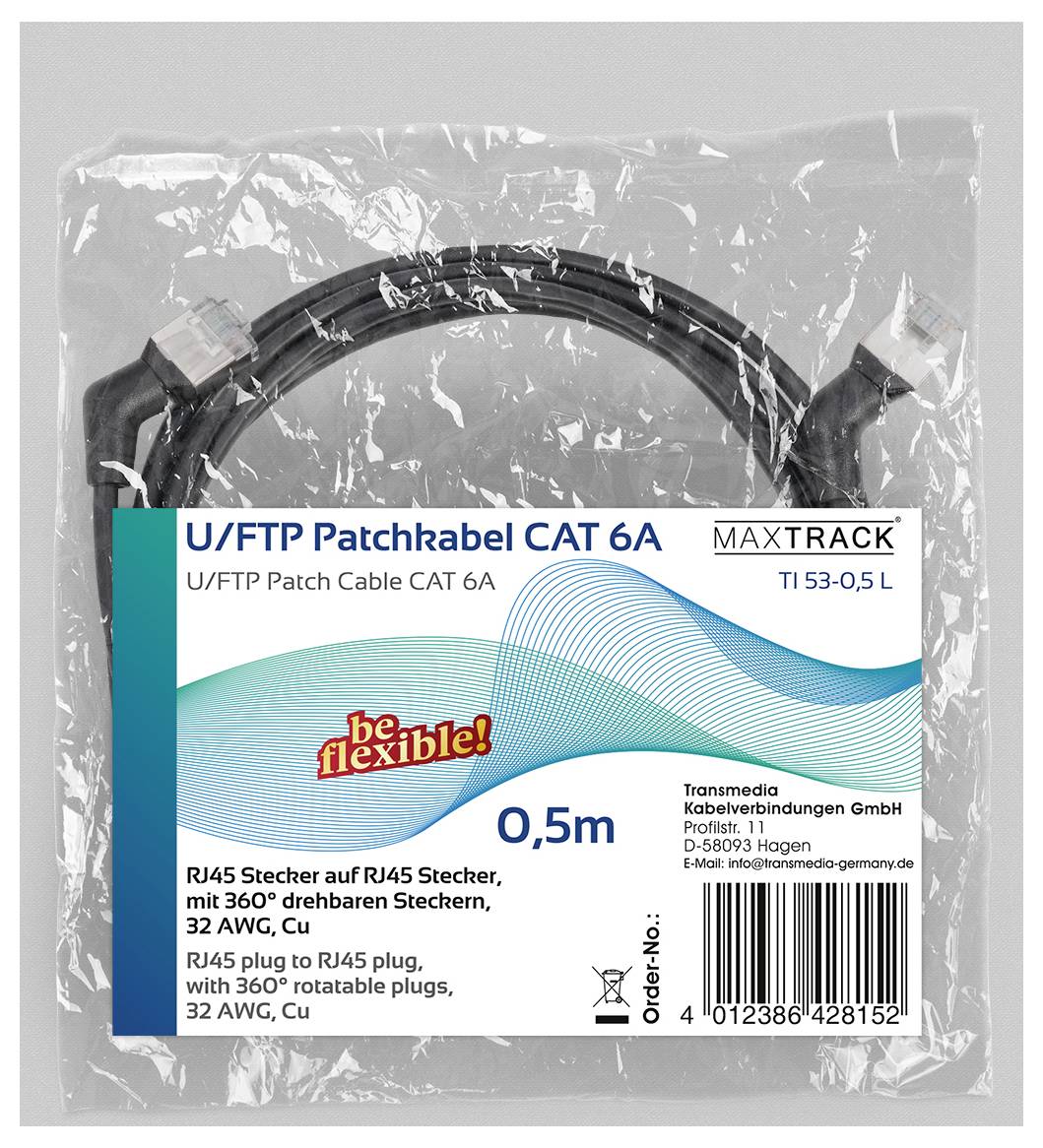 'Maxtrack U/FTP Patchkabel CAT 6A, 0,5m' Ethernet-Kabel in Verpackung, mit RJ45-Steckern und 360° drehbaren Anschlüssen, 32 AWG, Cu.