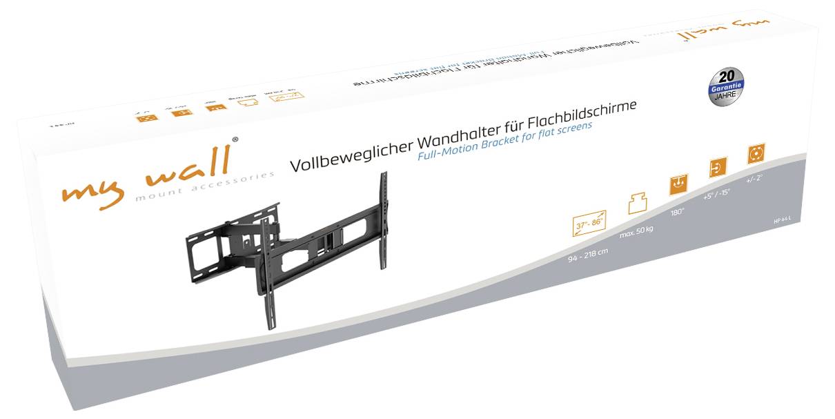 'Meine Wand' Vollbewegliche TV-Wandhalterung für Flachbildschirme, illustriert mit Symbolen, die Spezifikationen wie Größenbereich, maximales Gewicht und Drehfunktionen zeigen.