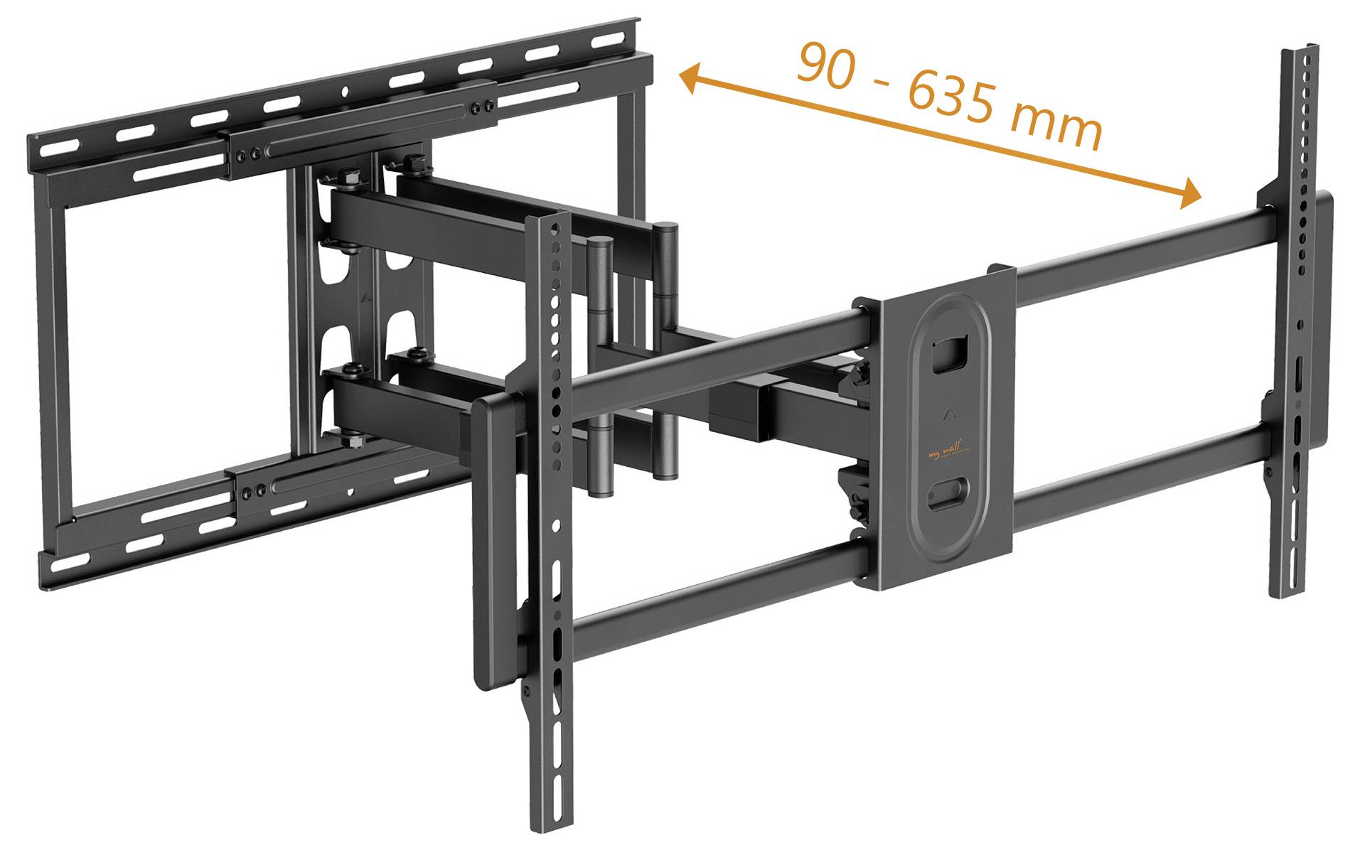 Wandhalterung mit verstellbaren Auslegearmen für Flachbildschirm-Fernseher. Verstellbereich gekennzeichnet als '90 - 635 mm' für maximale Flexibilität.