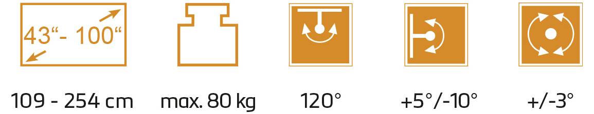 Symbole, die Spezifikationen für eine Wandhalterung anzeigen: geeignet für Bildschirme von 43