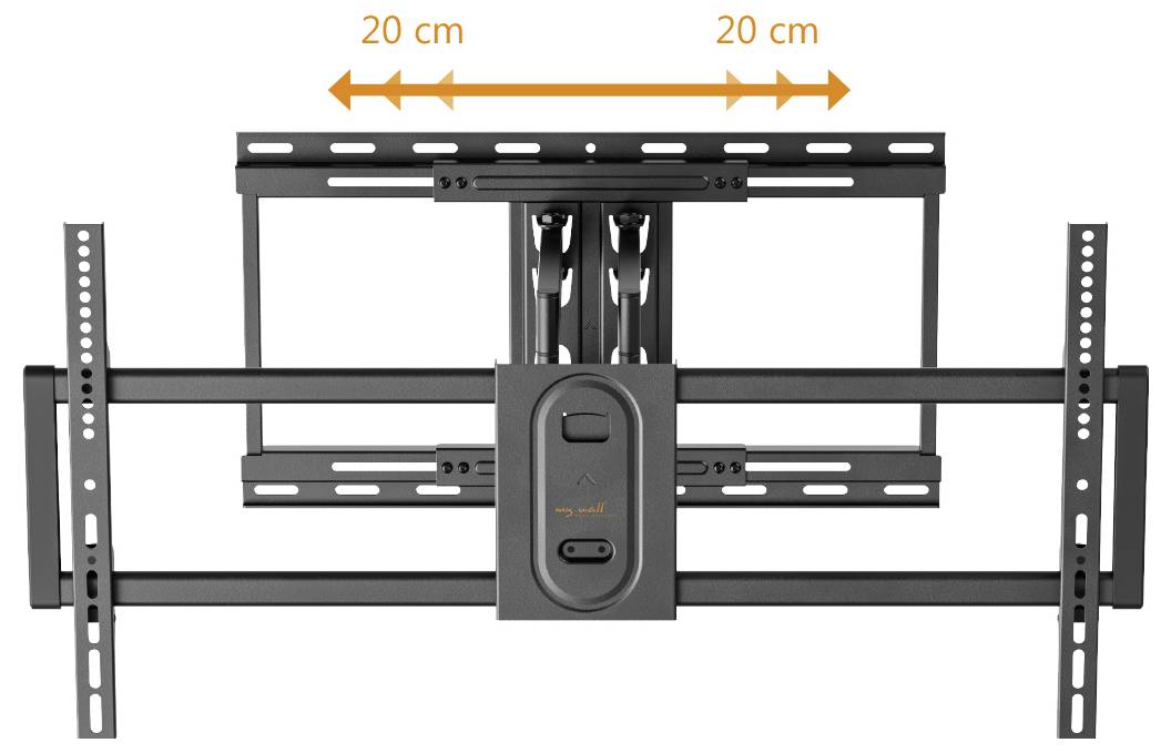 TV-Wandhalterung mit verstellbarer Breite, die einen Anpassungsbereich von 20 cm auf beiden Seiten anzeigt.