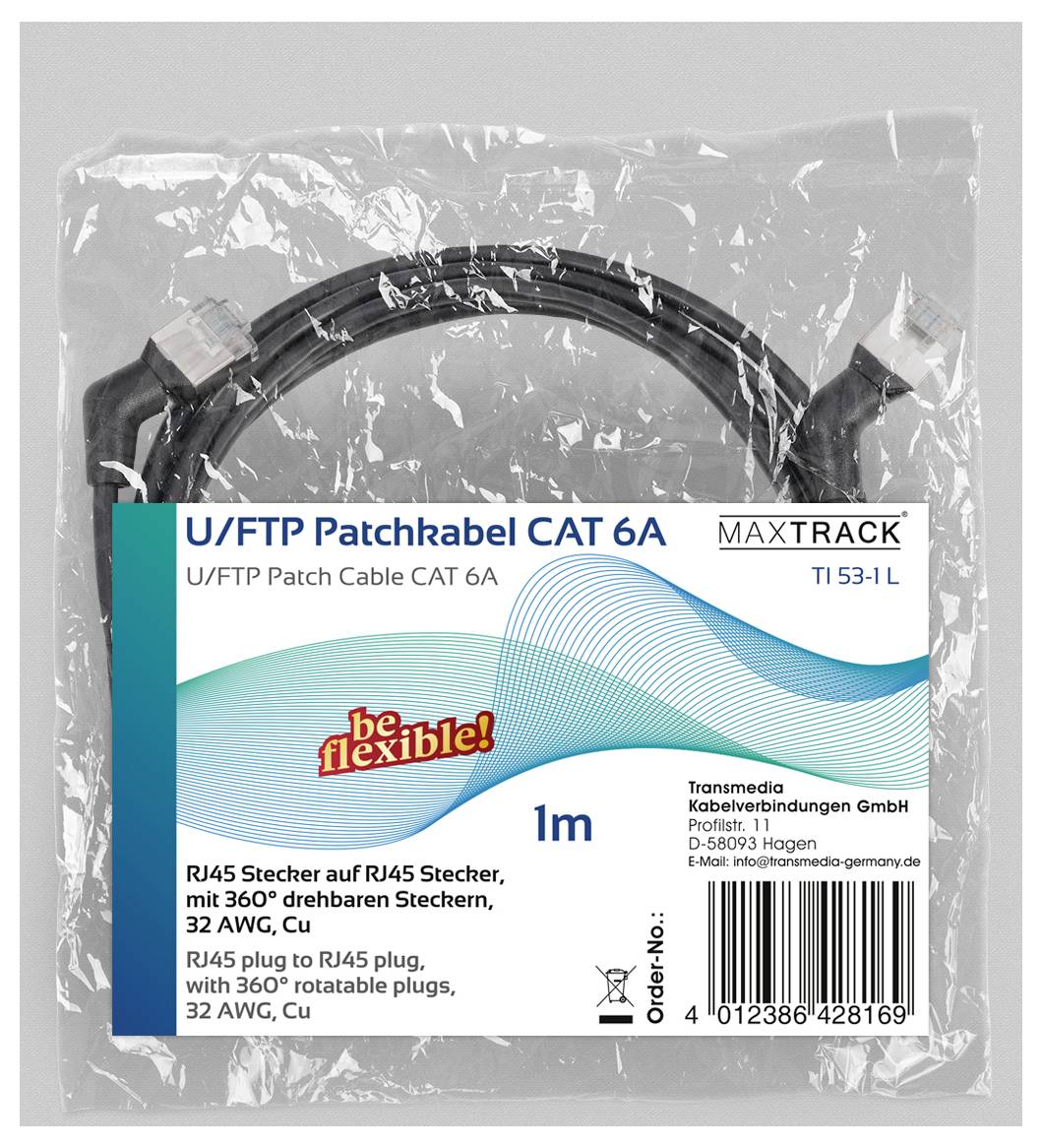 Ein 1-Meter U/FTP-Patchkabel CAT 6A mit RJ45-Steckern, verpackt. Etikett enthält Firmenname, flexiblen Slogan und Kontaktinformationen.