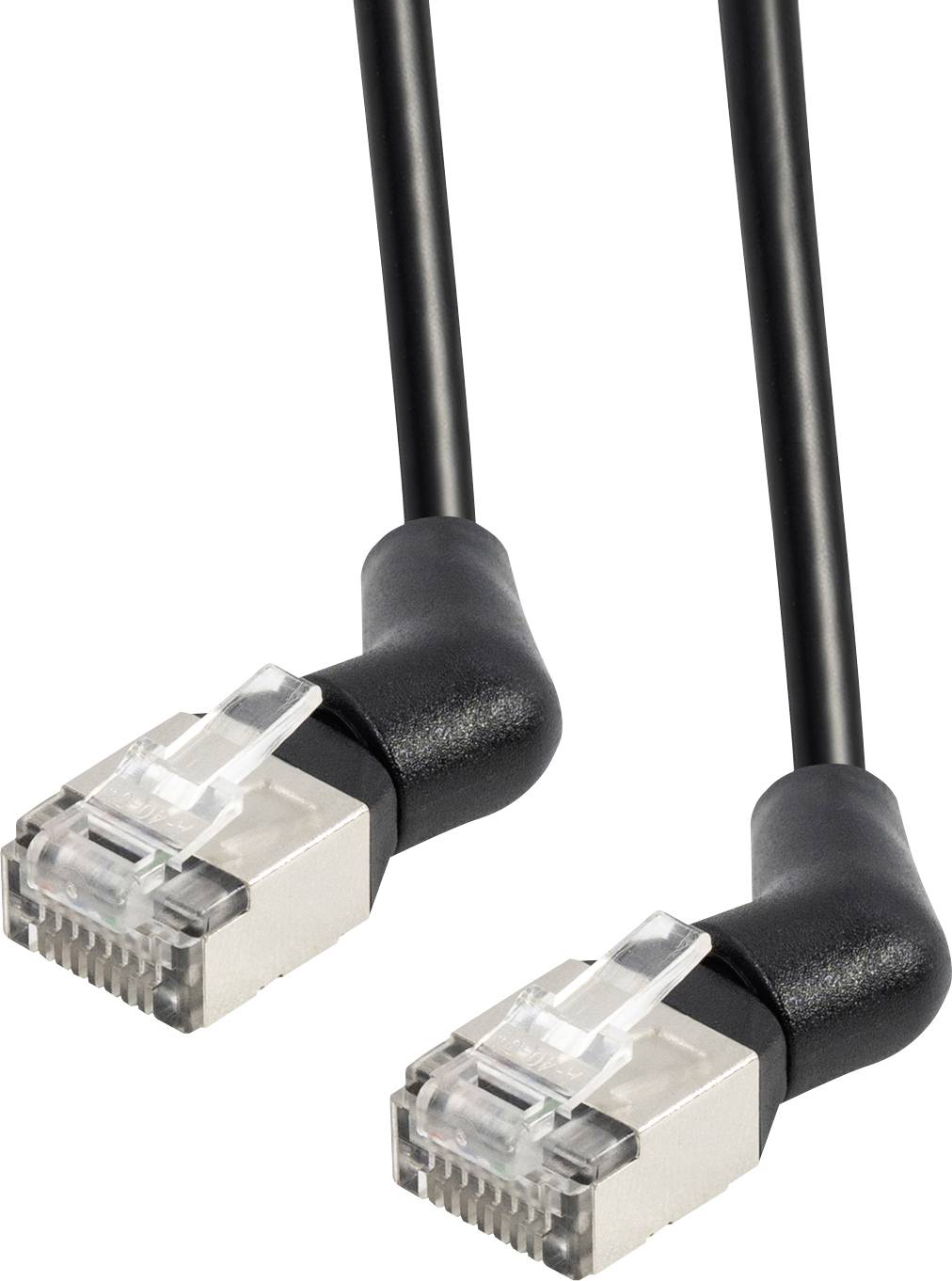 Zwei abgewinkelte schwarze Ethernet-Kabel mit Metallsteckern sind abgebildet, was Flexibilität und Haltbarkeit bei der Verbindung von Netzwerkgeräten verdeutlicht.