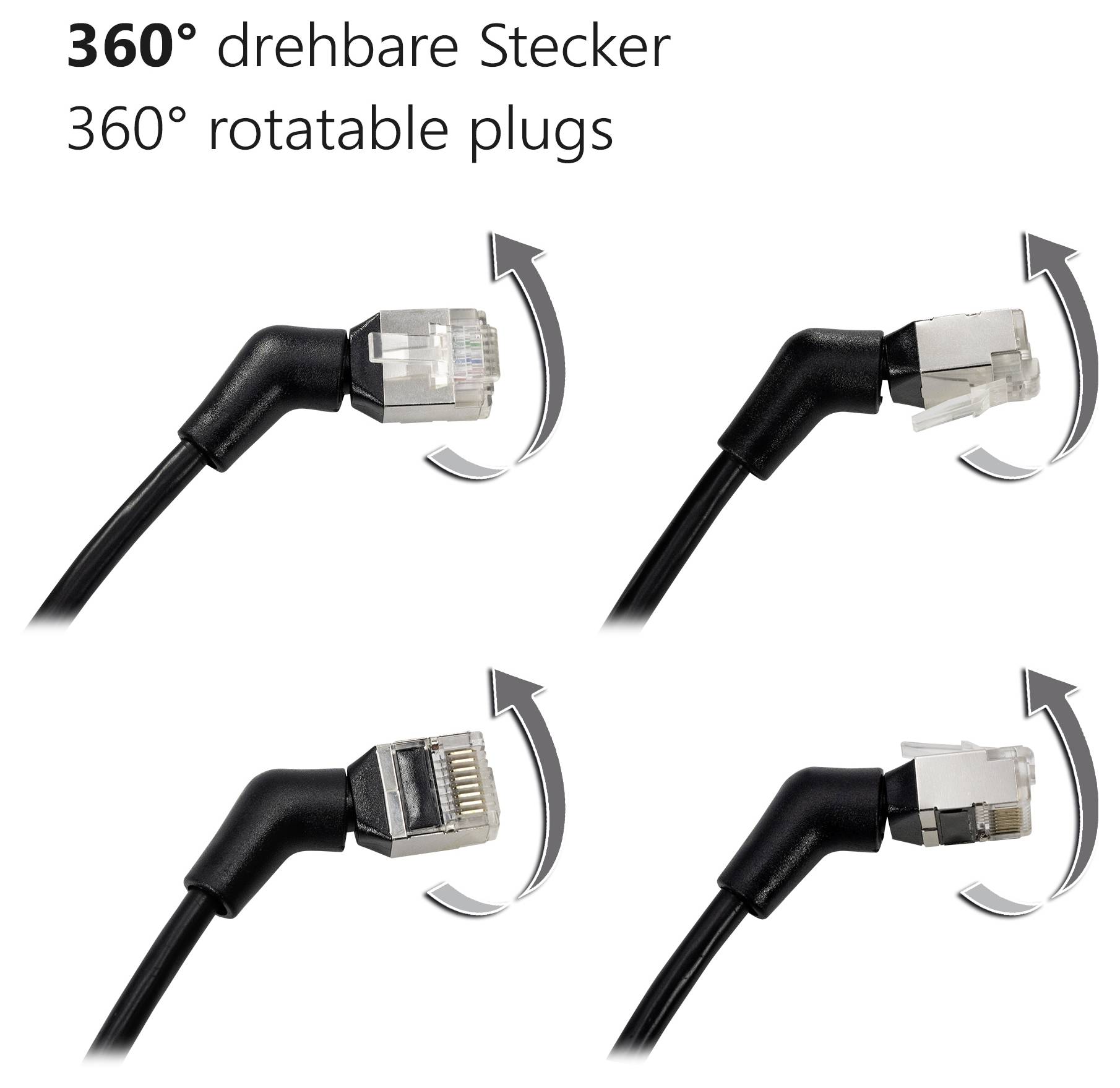 Stecker mit 360° Drehbarkeit' werden in vier Positionen gezeigt, was die Flexibilität der Anschlüsse veranschaulicht.