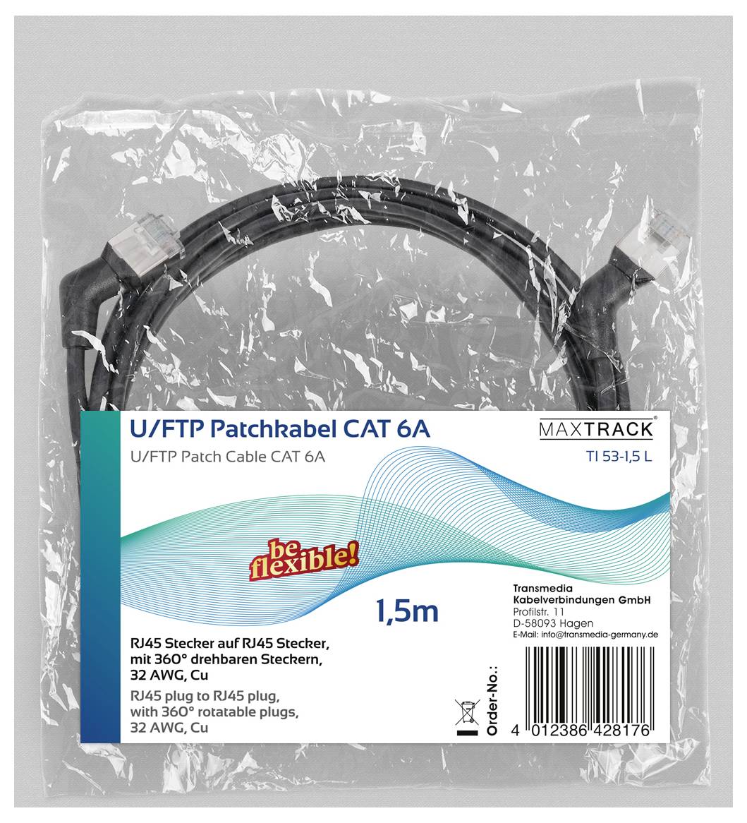 '1,5m U/FTP Patchkabel CAT 6A' auf transparenter Verpackung mit schwarzem Kabel und Steckern im Inneren. Enthält einen Barcode und Herstellerinformationen.