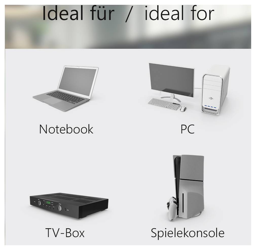 Ideal für Notebook, PC, TV-Box, Spielekonsole zeigt vier illustrierte Geräte: ein Laptop, Desktop-Computer, TV-Box und Spielekonsole.