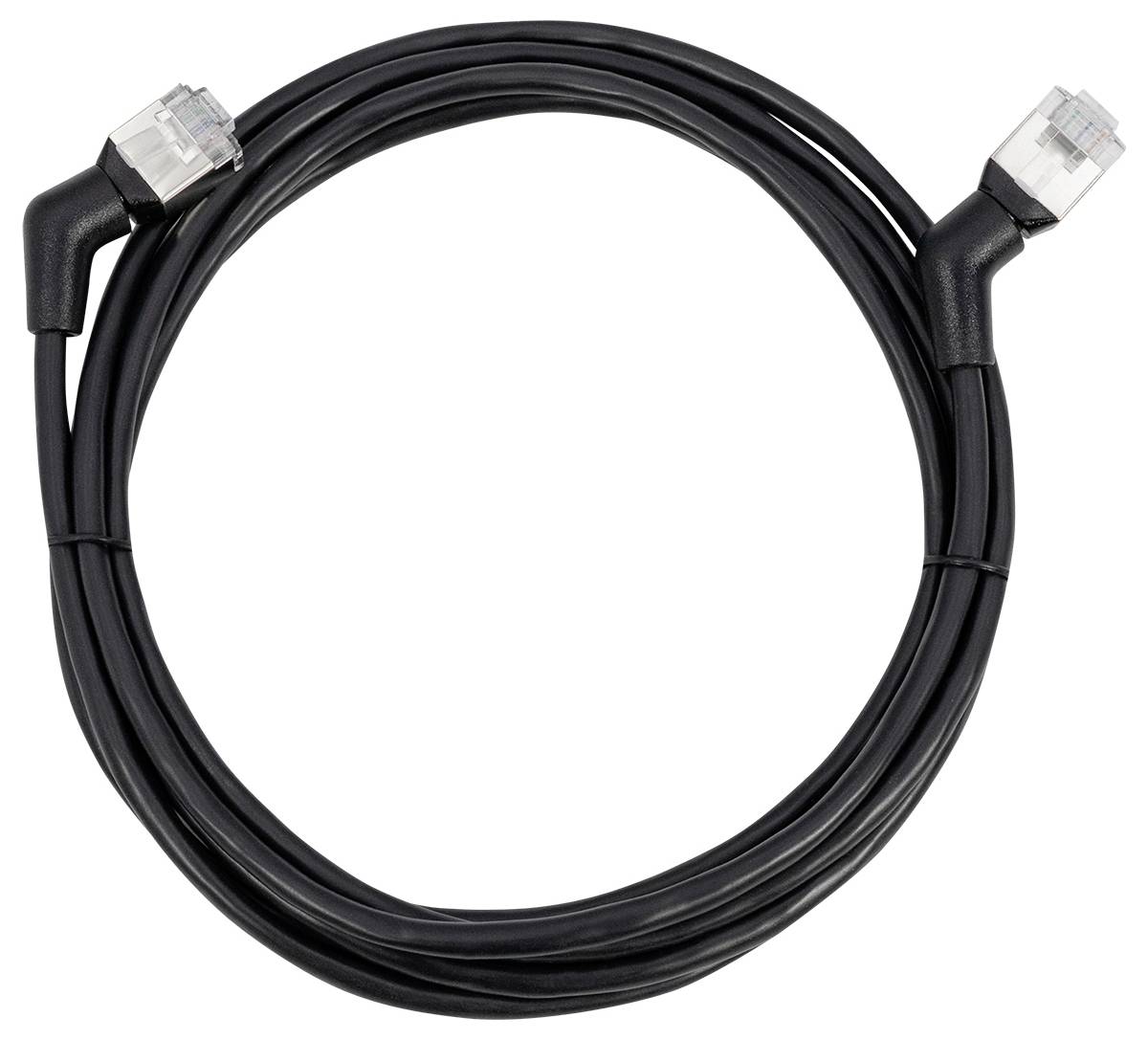 Ein aufgewickeltes schwarzes Ethernet-Kabel mit RJ45-Steckern an beiden Enden.