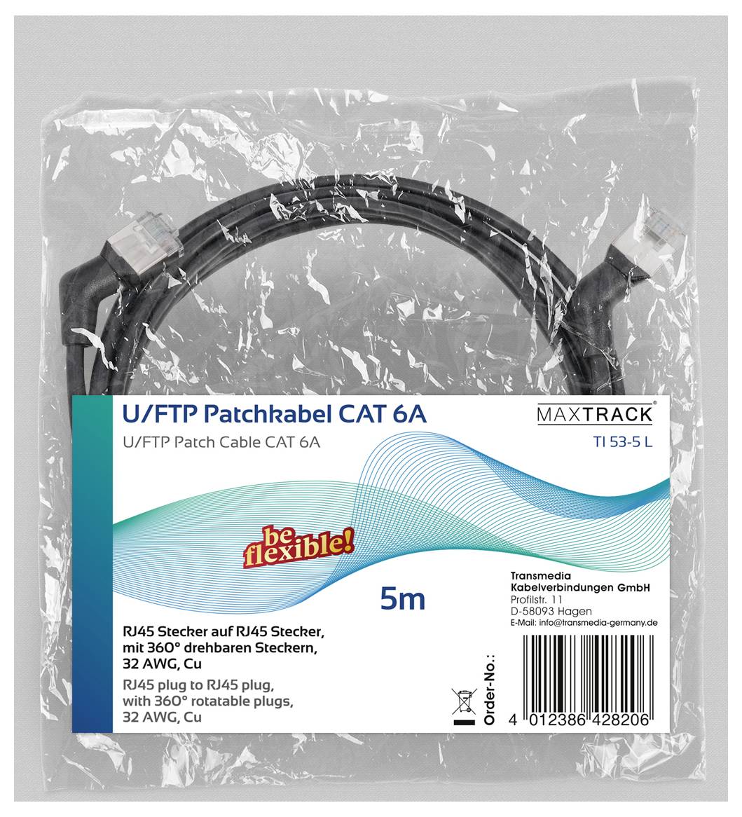 Ein 5-Meter schwarzes U/FTP Patchkabel CAT 6A mit RJ45-Steckern, verpackt in einem transparenten Beutel. Das Etikett enthält den Text 