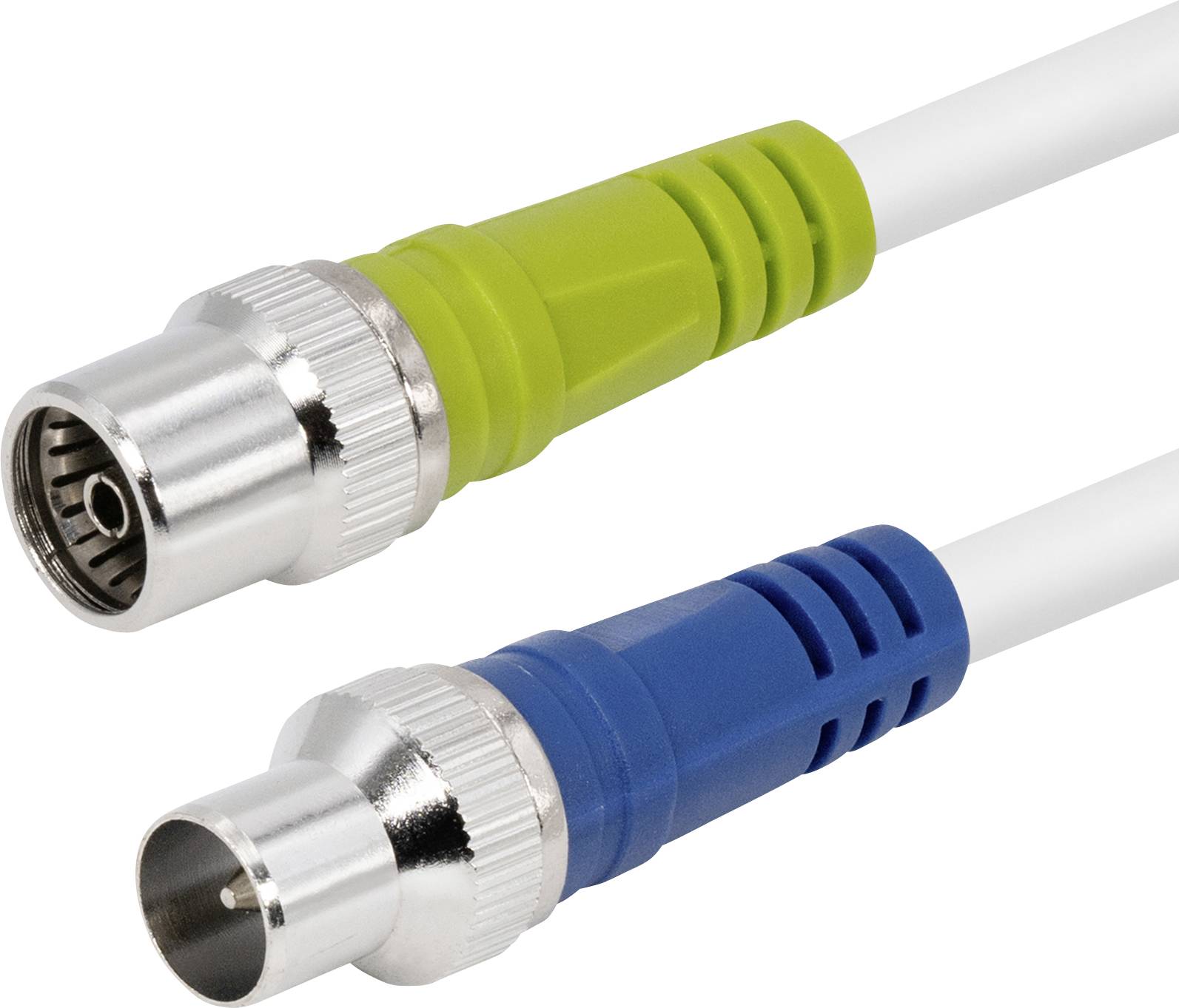 Zwei Koaxialkabel-Anschlüsse: männlicher Stecker mit grüner Isolierung, weibliche Buchse mit blauer Isolierung, silberne Spitzen, verbunden mit einem weißen Kabel.