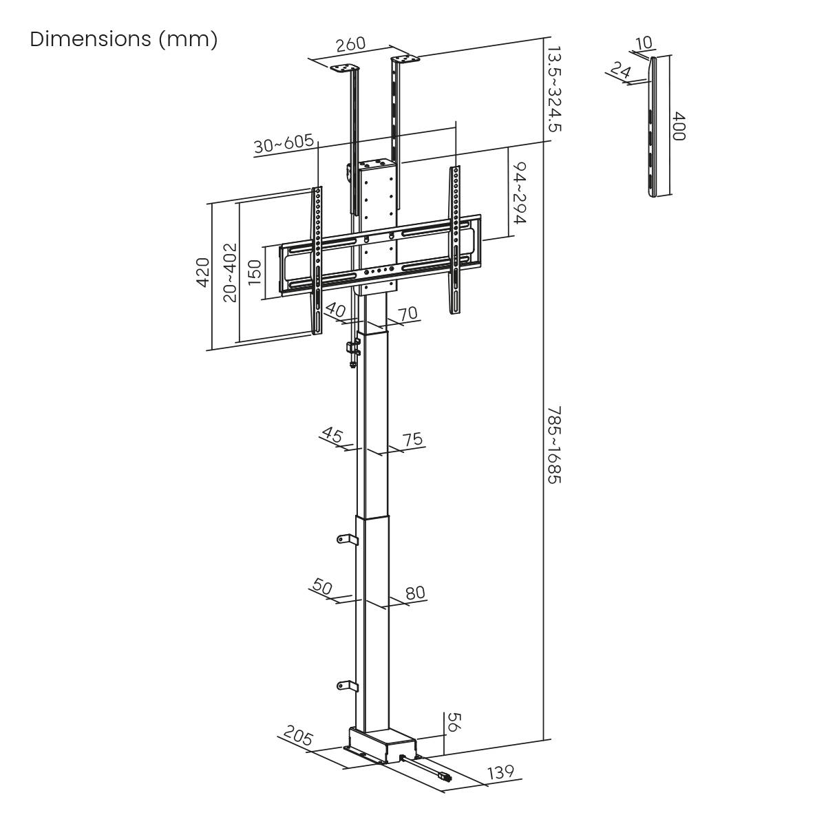 Diagramm eines ausziehbaren TV-Wandhalters mit Abmessungen in mm: Höhe 785-1085, verstellbare Stange 75-300, Halterung 200-400, max. TV-Größe 32-65 Zoll.