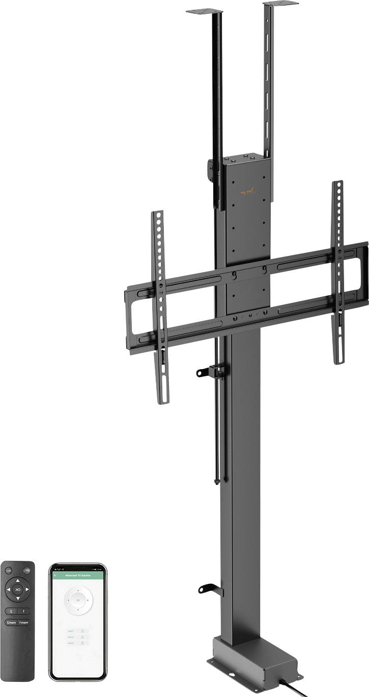Motorisierte TV-Lift-Halterung mit Fernbedienung und Smartphone-App, entwickelt für flexible und platzsparende TV-Montage.