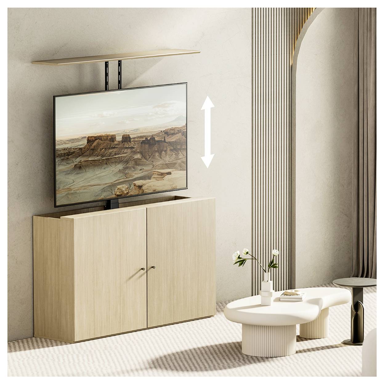 Ein Flachbild-Fernseher fährt aus einem Holzschrank in einem modernen Wohnzimmer mit einem kleinen Tisch und minimalistischer Einrichtung auf und ab.