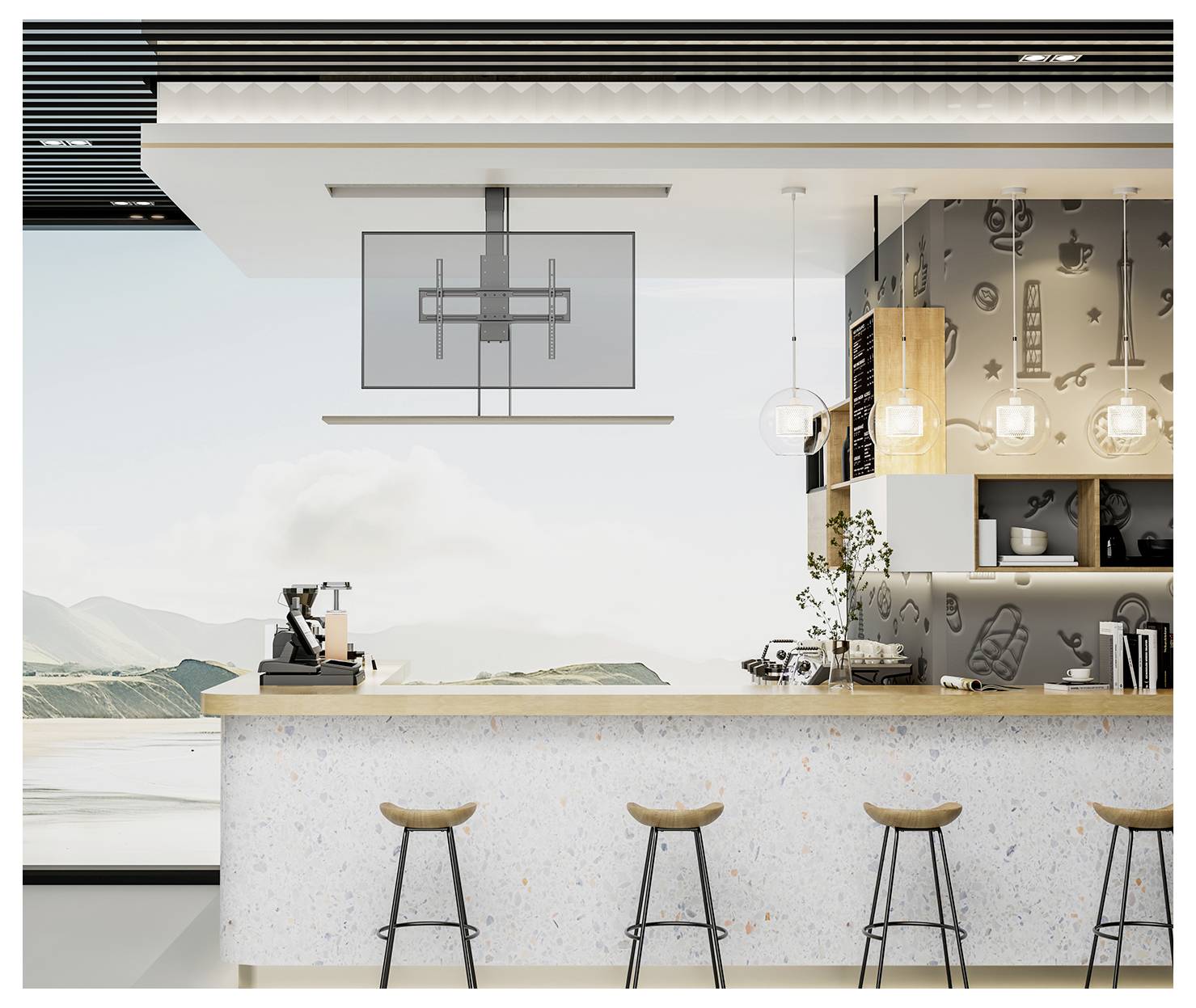 Eine moderne Küche mit weißer Terrazzo-Insel, Holzhockern, Pendelleuchten und einem Bergblick durch große Fenster.