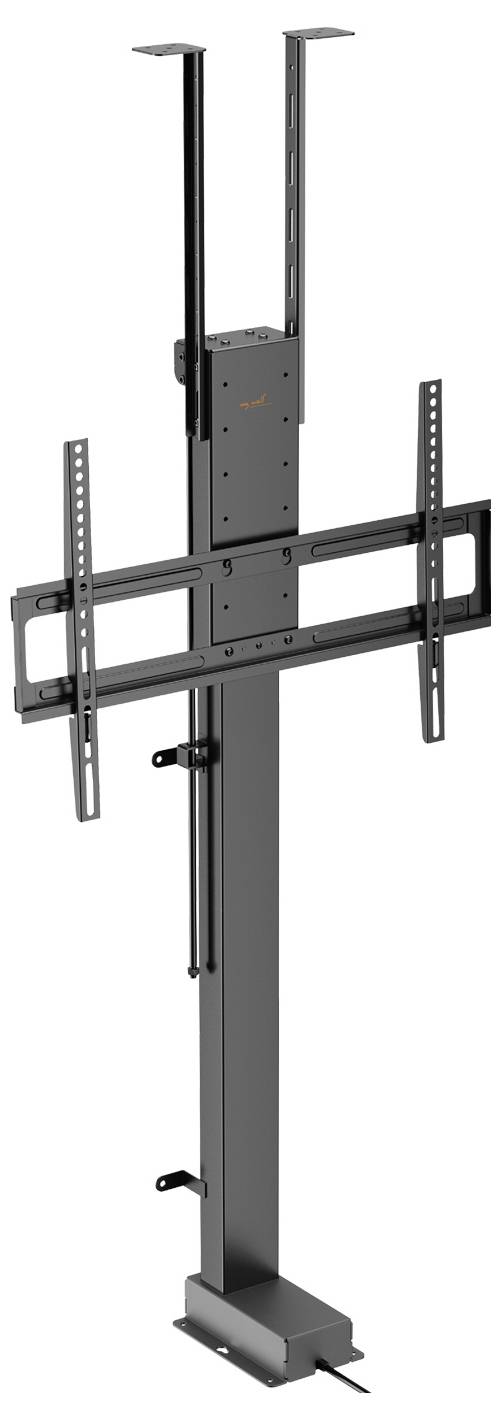 Fernseher-Wandhalterung mit verstellbarer Höhe, Doppelarm und Halterung für Flachbildschirm-Fernseher. Dunkle Metalloberfläche und Kabelverwaltung inklusive.