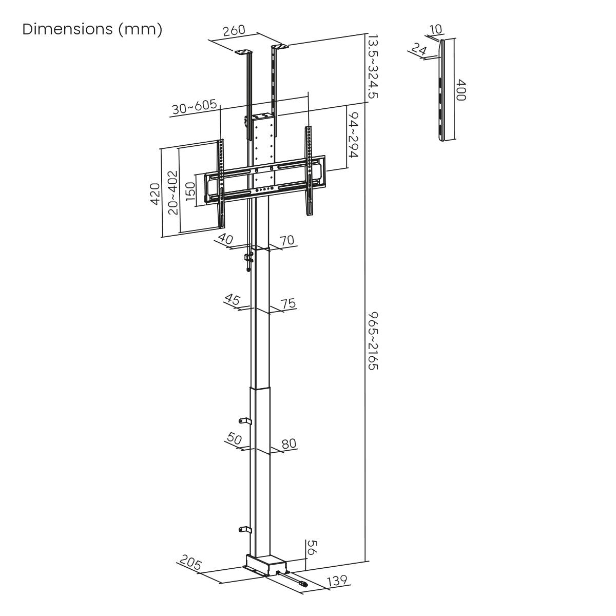 Diagramm zur Darstellung der Abmessungen einer vertikalen TV-Halterung. Höhen reichen von 965 bis 2165 mm. Breite und andere Messungen sind in mm angegeben.