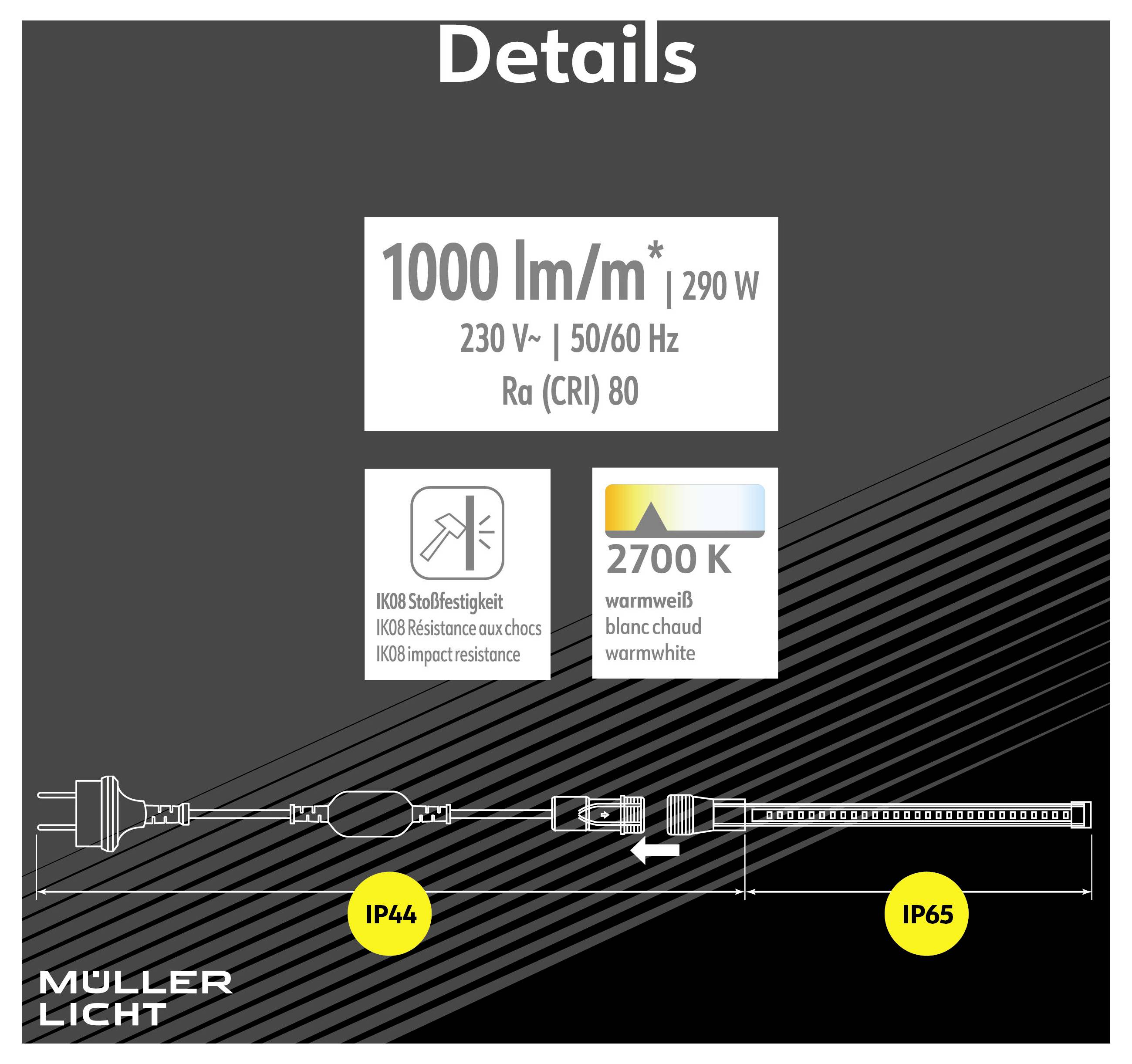 Müller-Licht LED Power Stripe 25 m, 290W, 1000lm/m, IP65 2700K 21600075 LED-Streifen mit Stecker 25m Warmweiß 1St.