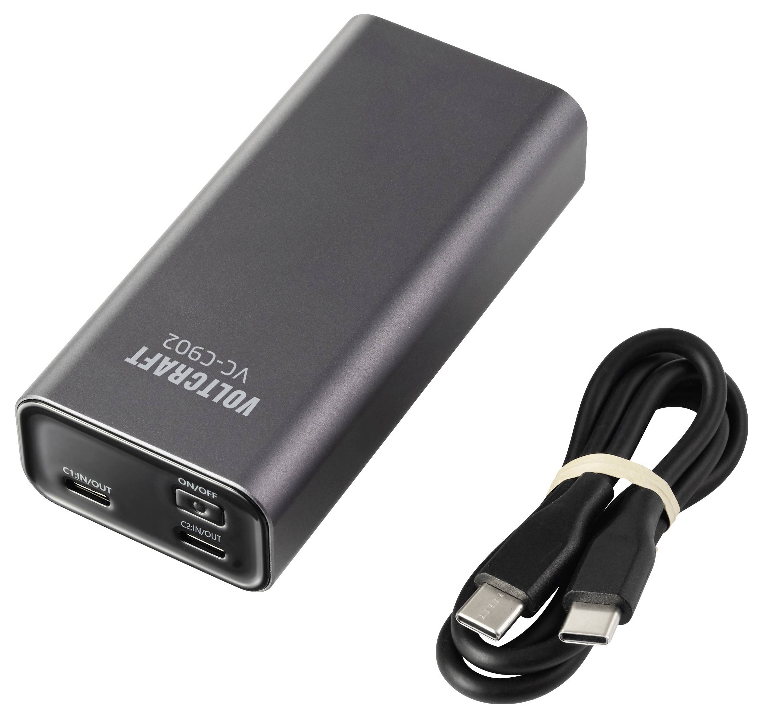 Voltcraft VC-C902 Powerbank mit zwei USB-C-Anschlüssen und mitgeliefertem USB-C-auf-USB-C-Kabel, konzipiert zum Aufladen elektronischer Geräte.