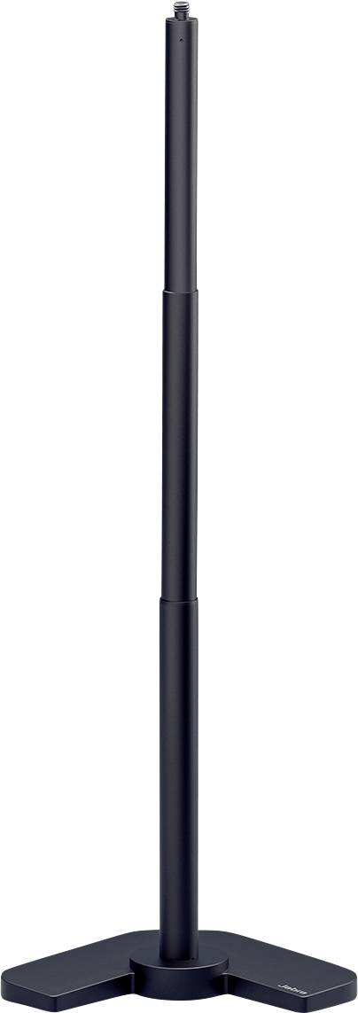 Ein schwarzer, verstellbarer Metallständer mit einer runden Basis, der zum Halten oder Präsentieren von Gegenständen verwendet wird.