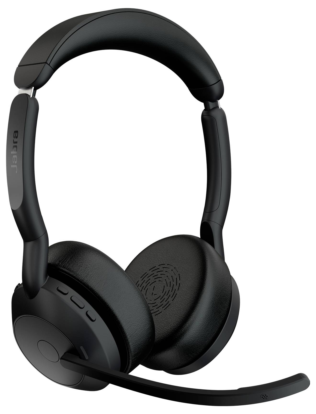 Ein schwarzes drahtloses Over-Ear-Headset mit Mikrofon. Es verfügt über gepolsterte Ohrmuscheln, Tasten an der Seite und einen verstellbaren Kopfbügel.