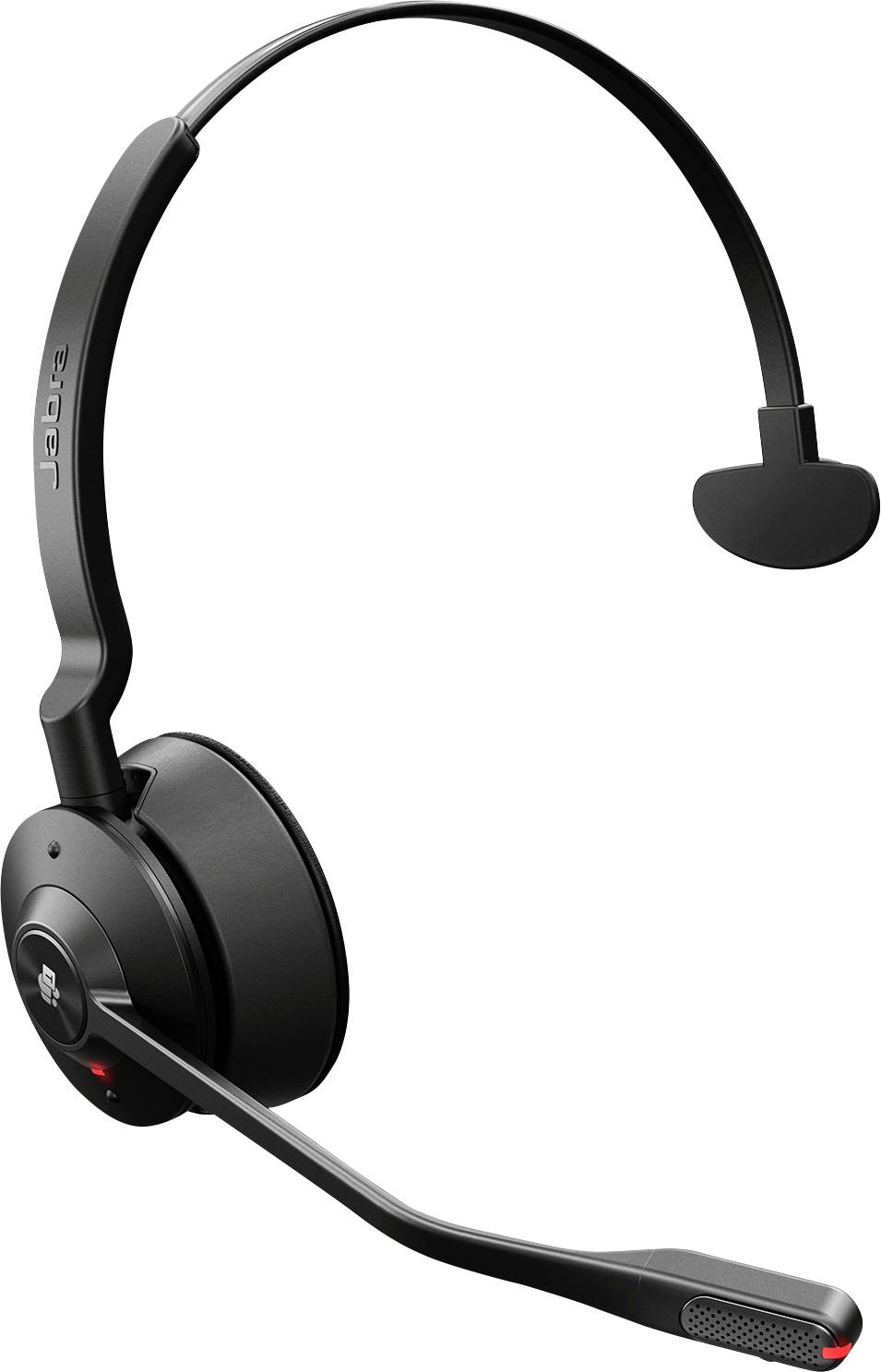 Ein schwarzes drahtloses Headset mit einer einzelnen Ohrmuschel und einem Bügelmikrofon, für Kommunikation entwickelt, in einer Seitenansicht dargestellt.