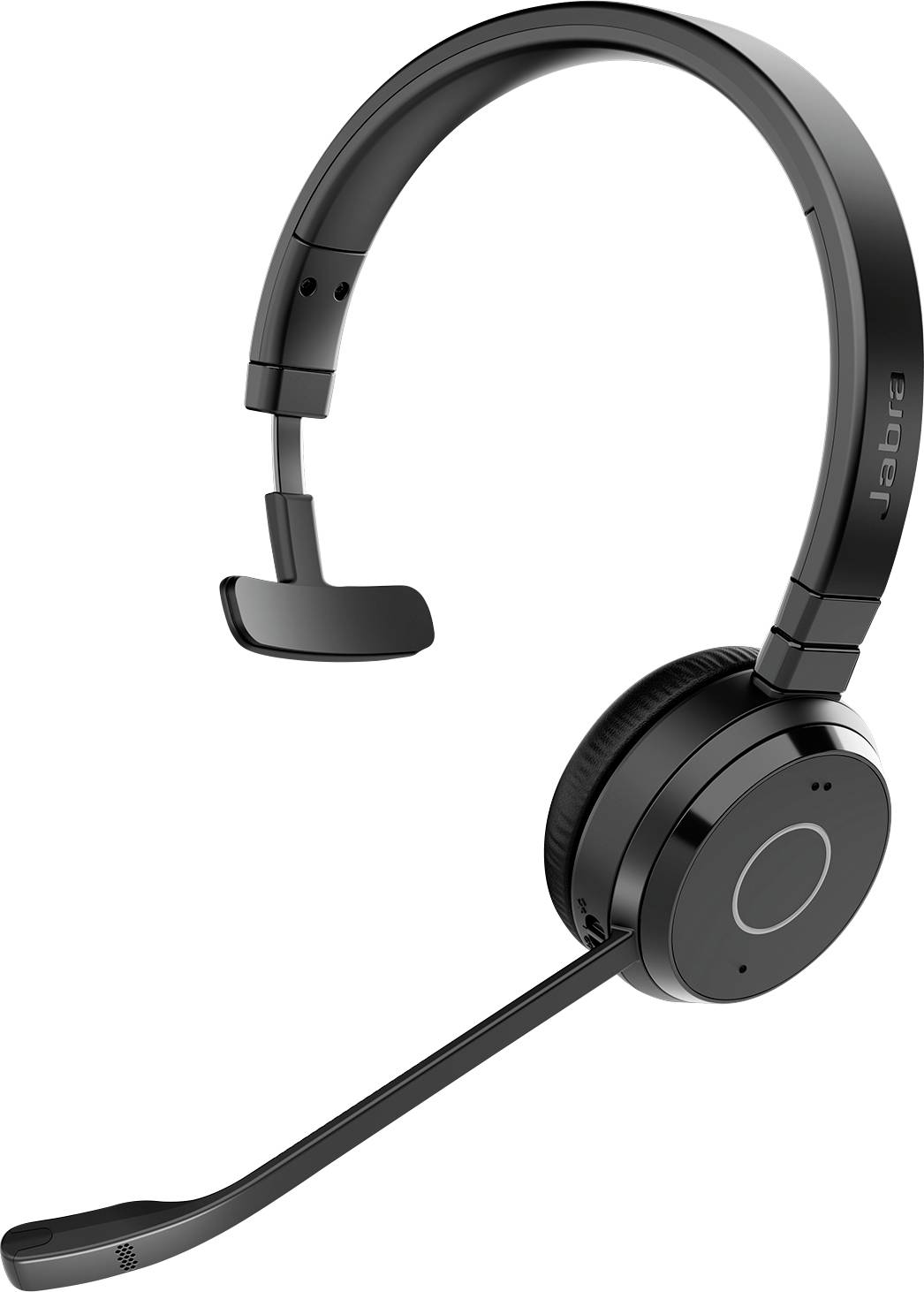 Ein schwarzes, einseitiges drahtloses Headset mit einem Mikrofonarm, das für freihändige Kommunikation konzipiert ist.