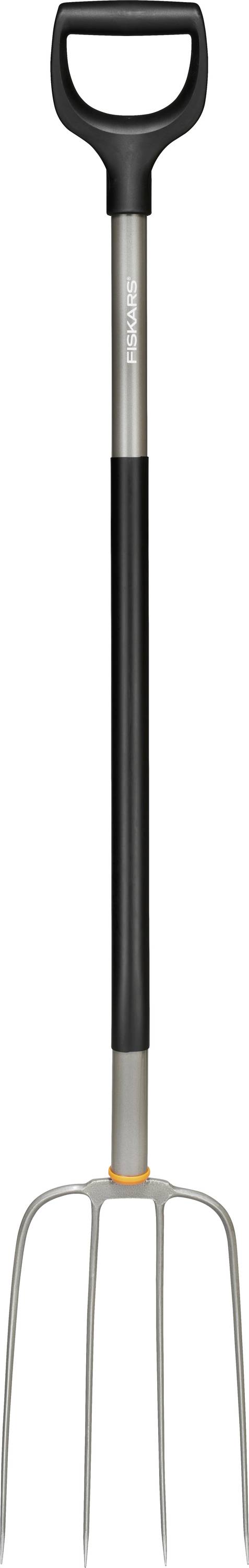 Eine Metallgartengabel mit einem schwarzen D-Griff und drei spitzen Zinken, die zum Graben oder Wenden von Erde verwendet wird.