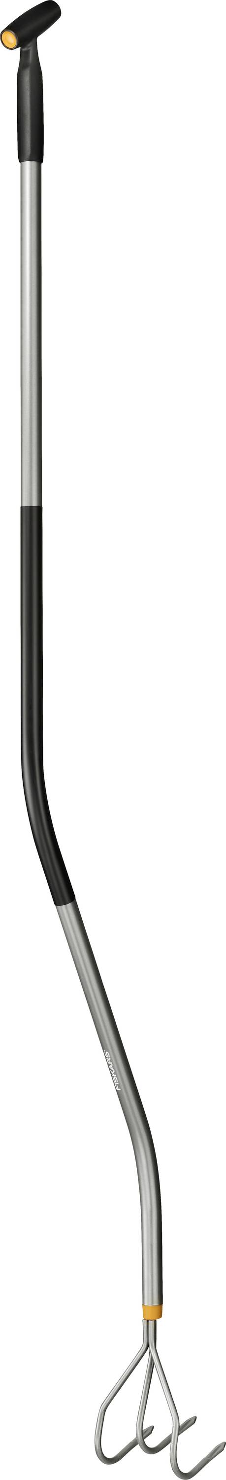 Ein langstieliger Gartenunkrautstecher mit einem gebogenen Metallschaft und einem klauenartige Ende, der entwickelt wurde, um Unkraut zu entfernen, ohne sich zu bücken oder zu knien.