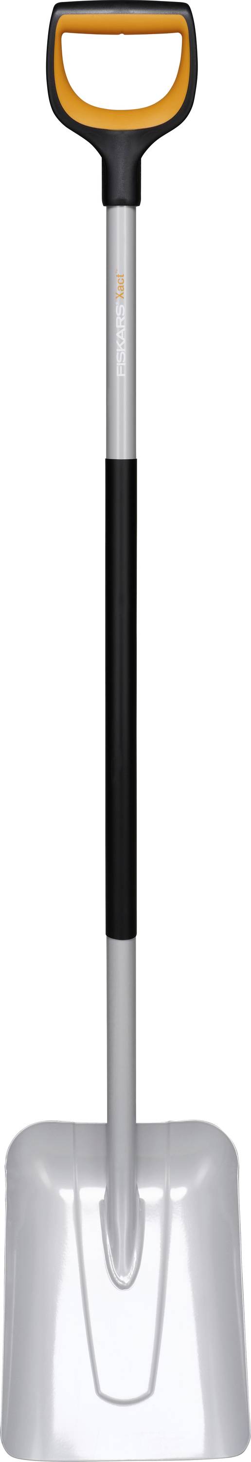 Eine silberne Schneeschaufel mit einem orangefarbenen und schwarzen ergonomischen Griff, entwickelt für effizientes Schneeräumen.