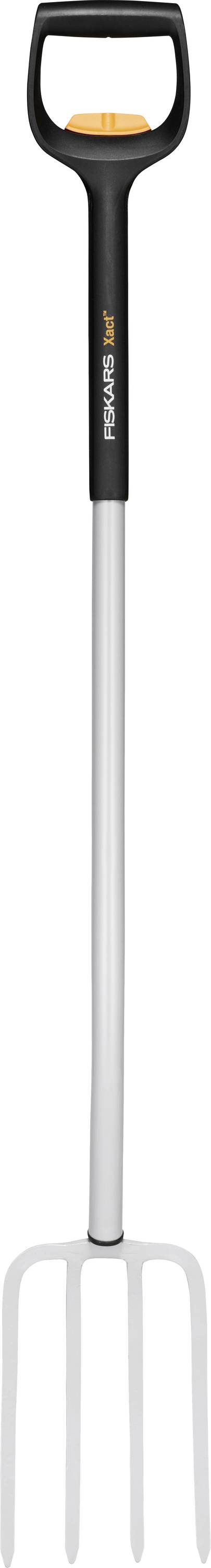 Eine Grabgabel mit einem schwarz-orangen Griff und Metallzinken, entwickelt zum Graben und Wenden von Erde.