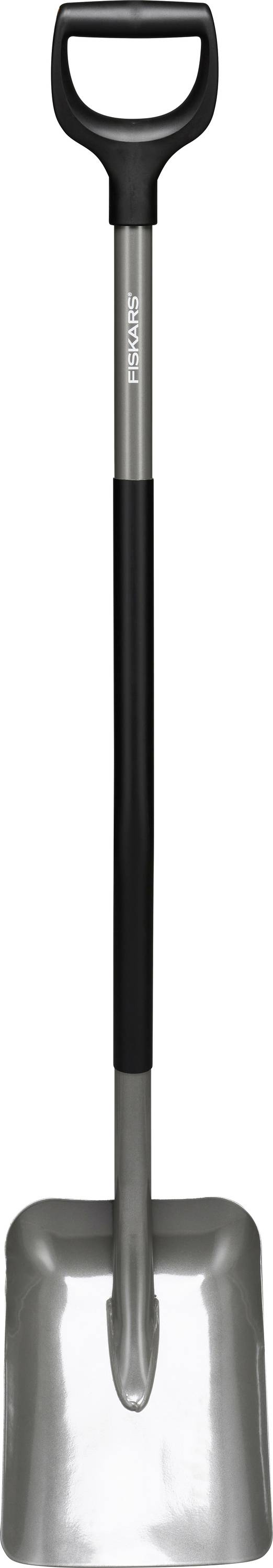 Eine Metallschaufel mit D-Griff, schwarzem Griff und robuster Konstruktion, geeignet für schwere Gartenarbeiten und Bauarbeiten.