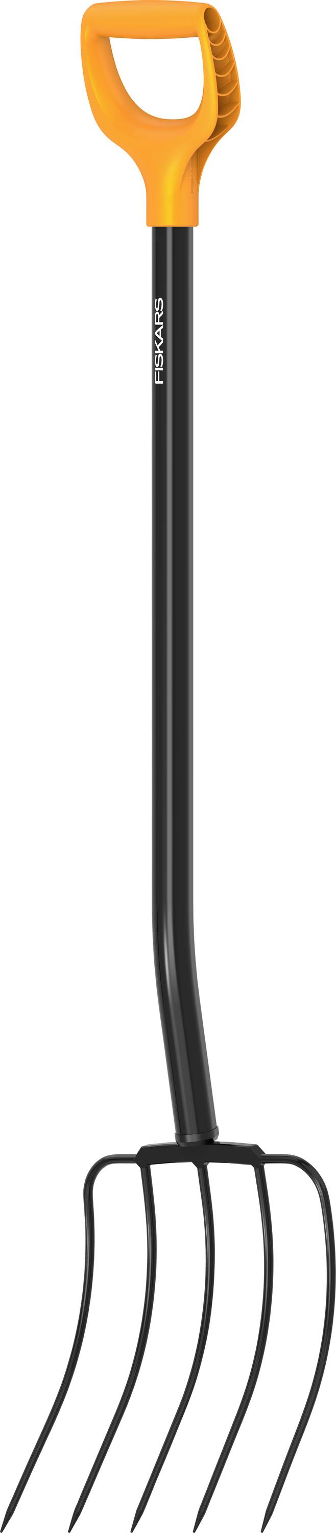 Gartengabel mit einem hellorangefarbenen ergonomischen Griff und vier schwarzen Zinken.