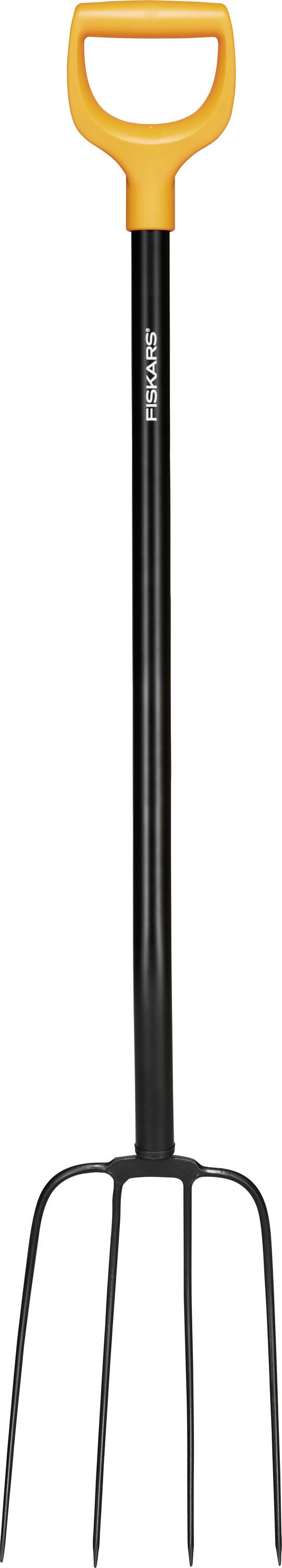 Eine schwarze Gartengabel mit vier Zinken und einem hellen orangefarbenen D-Griff.