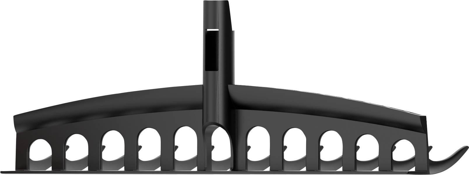 Eine schwarze Plastikklammer mit mehreren gekrümmten Öffnungen, die für das Organisieren oder Sichern von Gegenständen entwickelt wurde, von der Seite betrachtet.