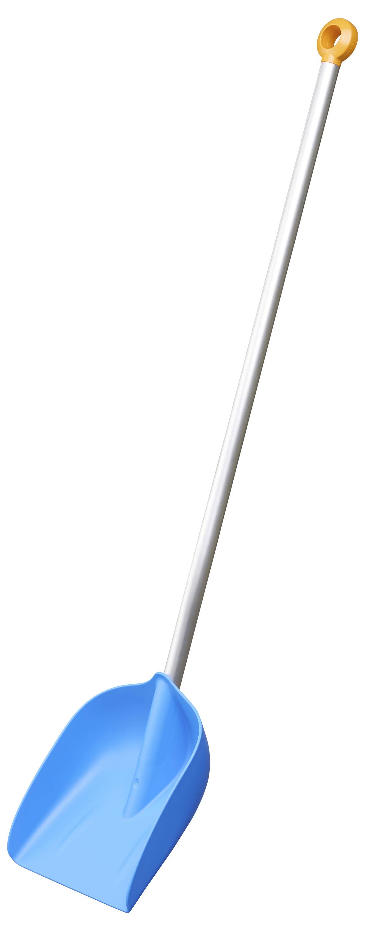 Eine blaue Schneeschaufel mit einem langen silbernen Griff und einem orangefarbenen Handgriff, die aufrecht vor einem weißen Hintergrund positioniert ist.