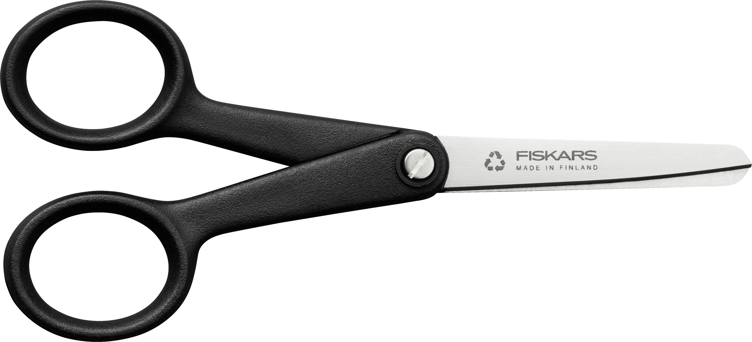 Fiskars-Schere mit schwarzem Griff und gerader Metallklinge, mit der Aufschrift „Made in Finland