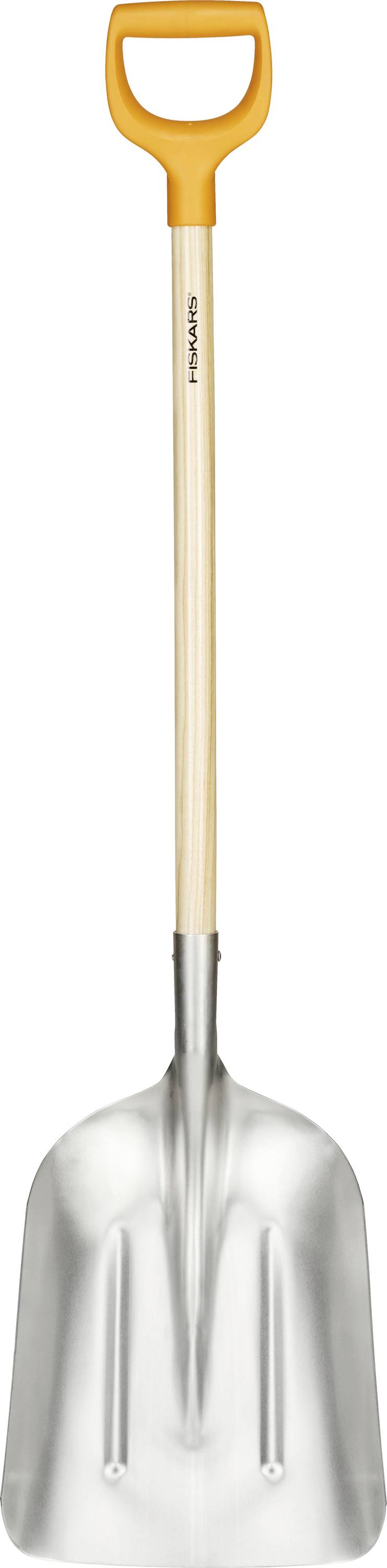 Eine orangefarbene Schaufel mit einem Holzstiel und einer breiten Metallschaufel.