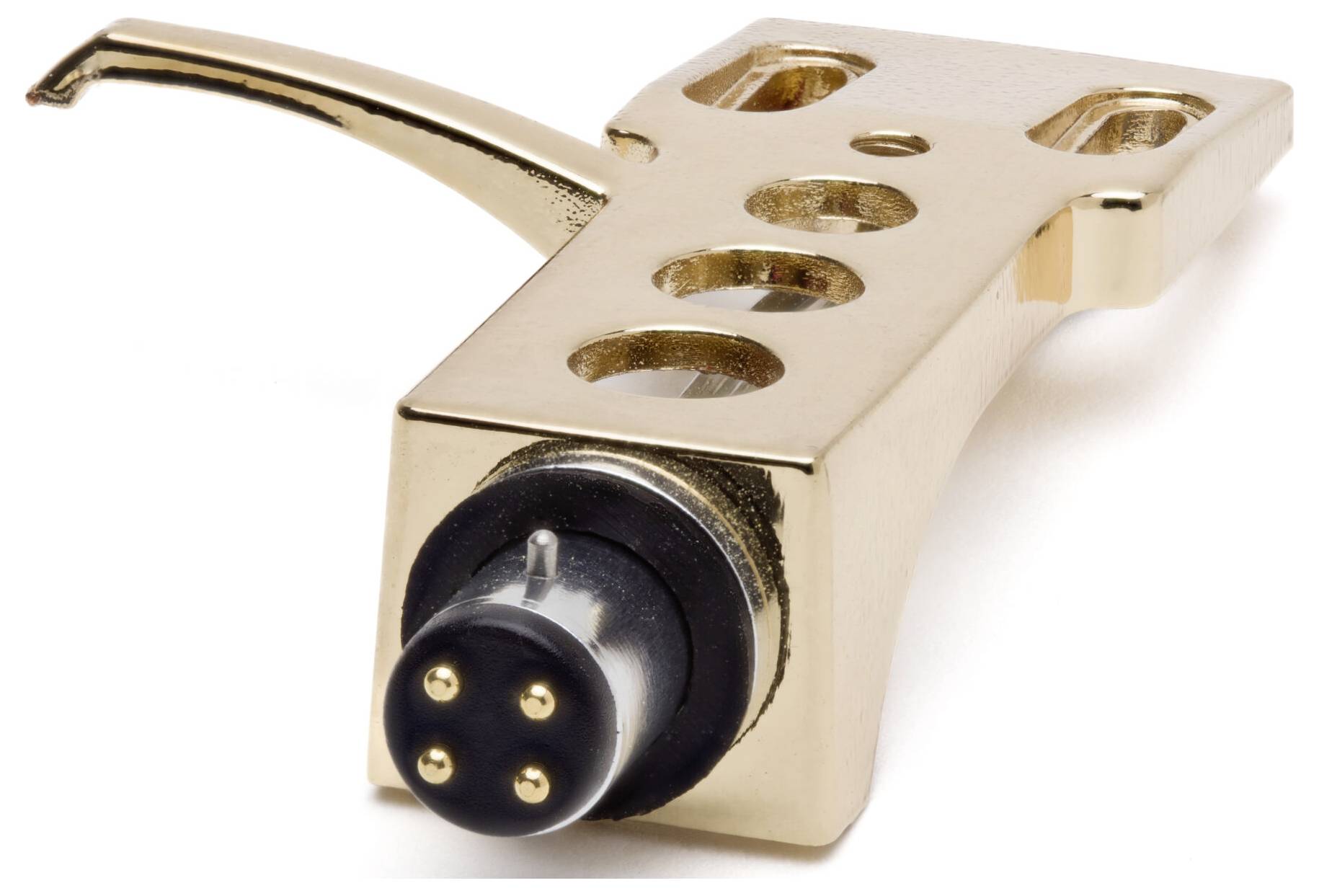 Tonarmlift in Goldton mit kreisförmigen Aussparungen und einem Vier-Pin-Anschluss am Ende, der zum Anbringen von Plattenspieler-Tonabnehmer verwendet wird.