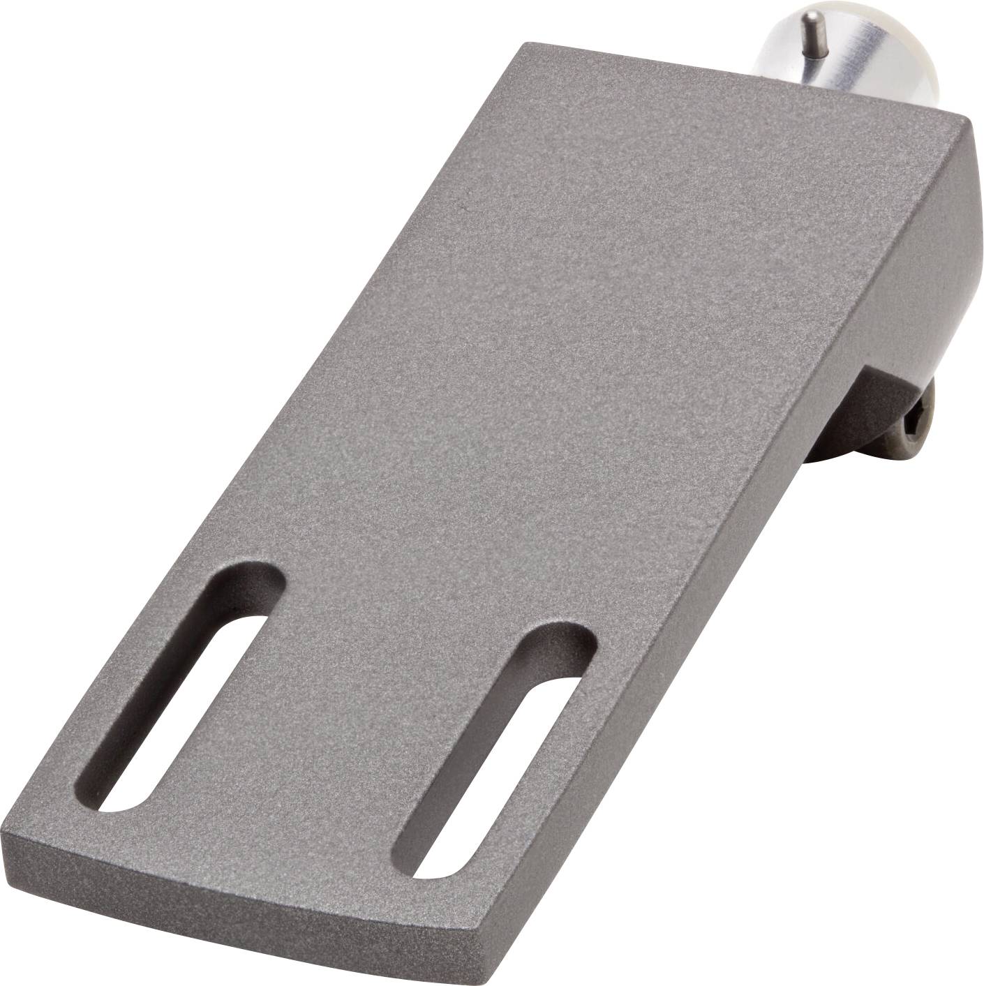 Eine Metallhalterung mit zwei länglichen Befestigungsschlitzen und einer zylindrischen Komponente an einem Ende, die zum Sichern oder Befestigen von Objekten verwendet wird.