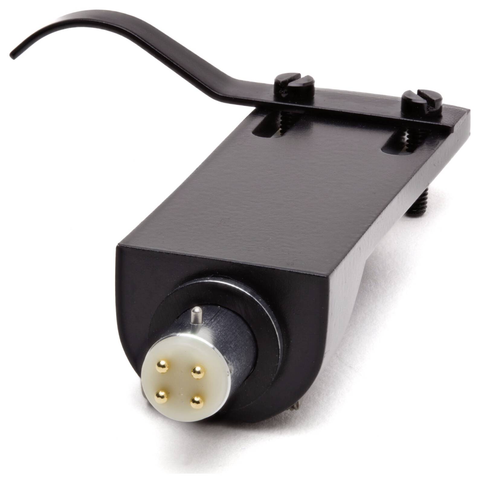 Eine schwarze Plattenspieler-Kopfschale mit einem Metallhebel und freiliegenden elektrischen Kontakten an einem Ende, die zum Anbringen einer Tonabnehmereinheit zum Abspielen von Schallplatten verwendet wird.