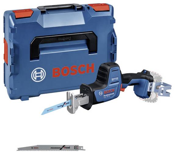 Eine Bosch Säbelsäge mit blauer Transporttasche und Sägeblatt. Die Säge ist mit 