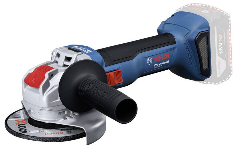 Bosch Professional X-Lock Akku-Winkelschleifer, dargestellt mit blauem und schwarzem Gehäuse, rotem Schalter und Handgriff. Akkupack separat abgebildet.