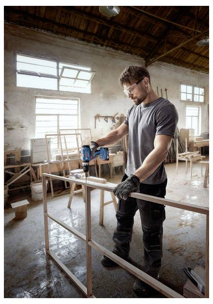 Ein Mann in einer Werkstatt verwendet einen blauen kabellosen Bohrer an einem Holzstück. Er trägt Brille und Handschuhe, was auf einen Fokus auf Sicherheit und Präzision hindeutet.